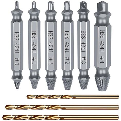Kit d'extracteurs de vis cassées en 9 pièces avec 3 forets, extracteur de vis HSS 4341, pour percer et retirer les vis endommagées