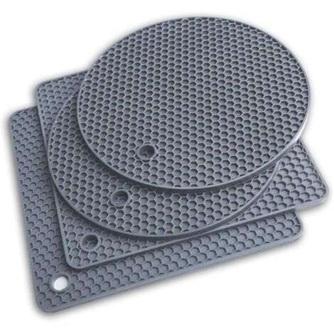 Dessous de plat en silicone extra épais, résistant à la chaleur, multi-usages, antidérapant, pour casseroles chaudes, plats, repose-cuillères, dessous de verre (4 pièces, gris) (1/4)