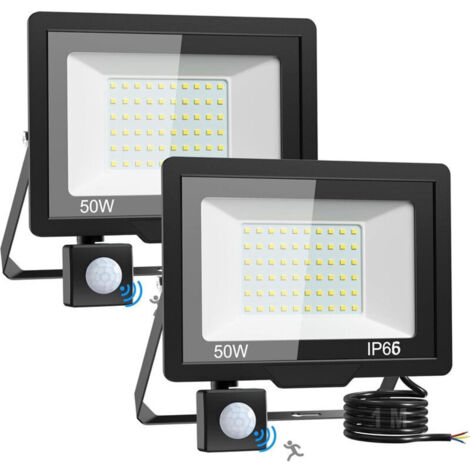 Lot de 2 lampes de sécurité extérieures avec détecteur de mouvement – LED ultra-lumineuses 50 W – Alimentation secteur – Projecteurs étanches IP66 pour jardin, garage, arrière-cour, terrasse et cour (1/4)
