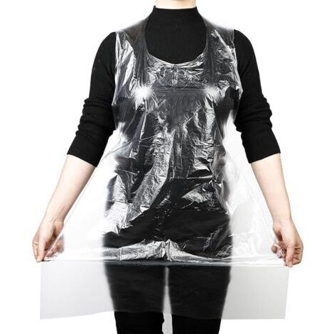 Lot de 100 tabliers jetables en plastique transparent - 90 x 60 cm - Pour adulte - Imperméable et résistant à l'huile - En polyéthylène - Pour cuisine, nettoyage, peinture, transparent (1/5)