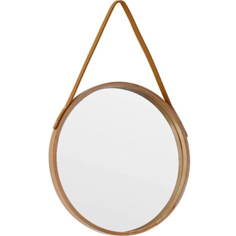 Miroir rond naturel à suspendre, 30 cm, style ferme, avec corde en cuir, pour salle de bain, chambre, salon, entrée, décoration intérieure