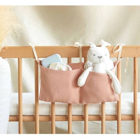 Sac de rangement suspendu en coton pour lit de bébé, organiseur à 2 poches pour berceaux et jouets (rose) (1/4)