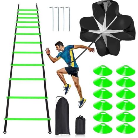 Kit d'entraînement professionnel d'agilité et de vitesse comprenant 12 échelles réglables de 6 m, 12 cônes de sport et 1 parachute de résistance pour enfants et adultes. (1/4)