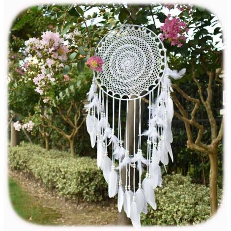 Grand Boho Capteur de rêves Plume Blanche Macramé Tenture Murale Vintage Wedding Home Décorations 35cm Cercle 115cm Long