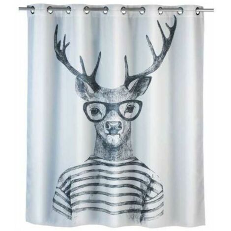 Ulisem Rideau de douche antimoisissure Mr Deer Comfort Flex, rideau de douche original, lavable en machine et waterproof, 10 anneaux rideau de douche intégrés, polyester, 180x200 cm, noir - blanc