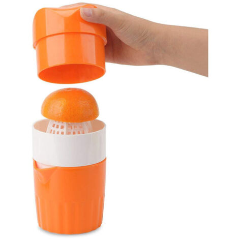 Presse-agrumes manuel avec passoire et récipient, pour citrons, oranges, limes et autres agrumes (couleur orange). (1/4)