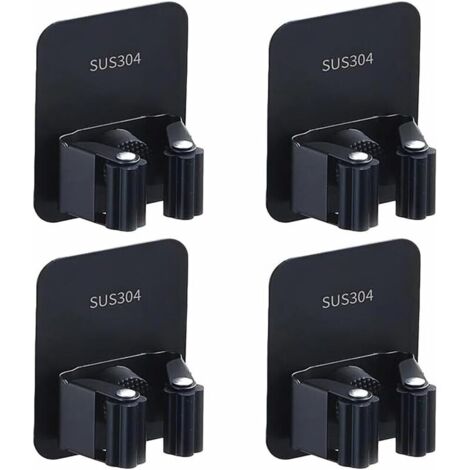 Lot de 4 supports muraux pour balai en acier inoxydable, auto-adhésifs, solution de rangement pour cuisine, garage, jardin et salle de bain (noir) (1/4)