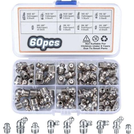 60 Pièces Assortiment de Graisseurs, Filetés de Graissage, M6 M8 M10 Raccords de Graisse, Raccords Filetage Mâle Graisseurs droit/45°/90° pour Équipement Mécanique graisseur a Visser (1/4)