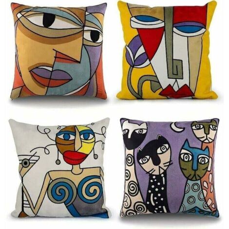 Lot de 4 Housse de Coussin Picasso 45x45 cm Coton Lin Brodé Housses Coussins Canapé Décoration Salon Scandinave Chambre Lit Fauteuil de Bureau Design Motif Visage Abstrait Vintage Colorée (1/5)