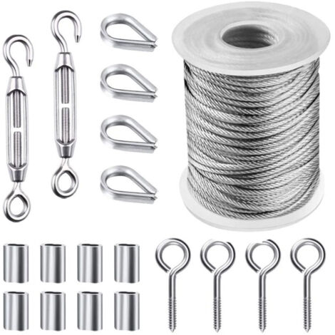 HGYCPP Kit de fil de jardin/fil pour tableau/treillis métallique 50 pieds, câble en acier inoxydable robuste avec revêtement en PVC, vis tire-fond, 19 pièces