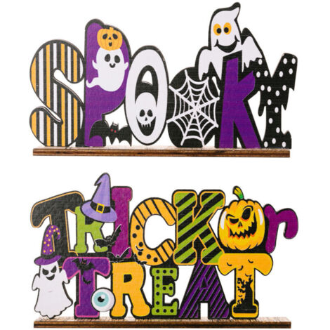 Panneaux en bois pour centre de table d'Halloween - Décorations en bois pour Halloween, festival des fantômes, ornement créatif, ornement en bois effrayant, alphabet, citrouille pour la maison, fourni (1/4)