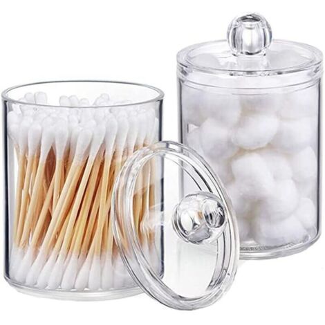 2 Pièces Distributeur de Coton, Boîtes de Rangement pour Cotons Tiges, Boîte Rangement pour Cotons, Ronde, Transparent, avec Couvercle, pour Les Cosmétiques, Les Boules de Coton, Les Tampons (1/4)