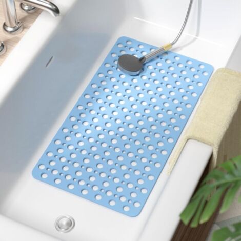 Tapis de baignoire antidérapant, 70 x 40 cm, en TPE, pour baignoire et douche, avec ventouses, drainage efficace, doux pour les pieds et facile à nettoyer, bleu (1/4)