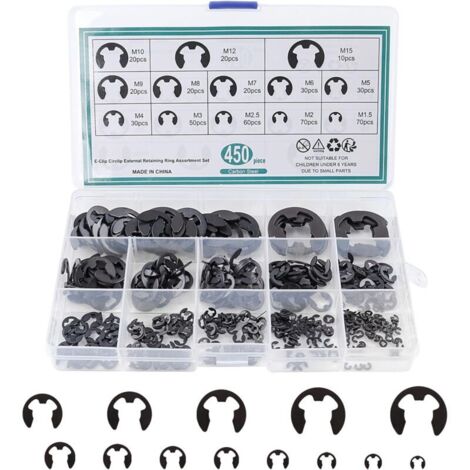 450 Pièces Circlips Assortiment, Circlips E-clips, Anneau de E-clips Circlip Externe en Acier à Ressort pour Fixer Poulies à Engrenages de Roulement(13 Tailles) (1/4)
