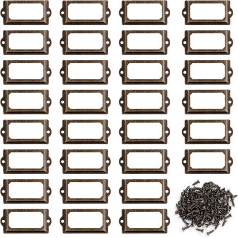 Porte-étiquettes en Métal, 30 Pièces Cadre Étiquette avec Vis, Bronze Rétro Porte Poignée Cadre pour Meubles, Tiroirs, Armoires, Bibliothèque (70 x 33 mm) (1/4)