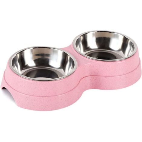Double gamelle antidérapante et amovible en acier inoxydable 2 en 1 pour chats de petite taille, chiots et animaux de compagnie, etc. Taille S, rose