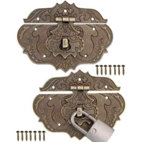 Lot de 2 fermetures antiques, design bronze fer, fermoirs de meubles, ferrures pour cadenas de rideaux, coffres et caisses, curseurs, 96X72 mm avec vis (1/4)
