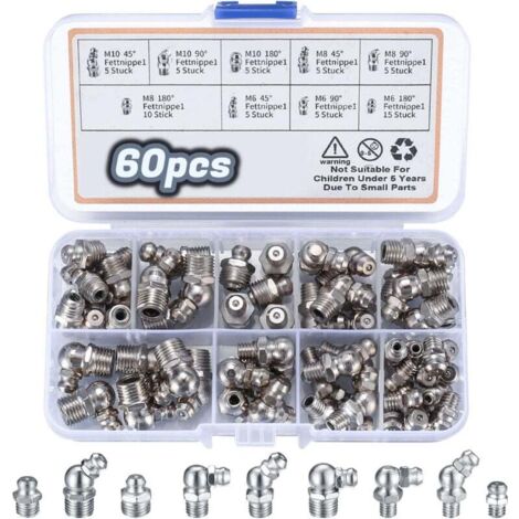 60 Pièces Assortiment de Graisseurs, Filetés de Graissage, M6 M8 M10 Raccords de Graisse, Raccords Filetage Mâle Graisseurs droit/45°/90° pour Équipement Mécanique graisseur a Visser (1/5)