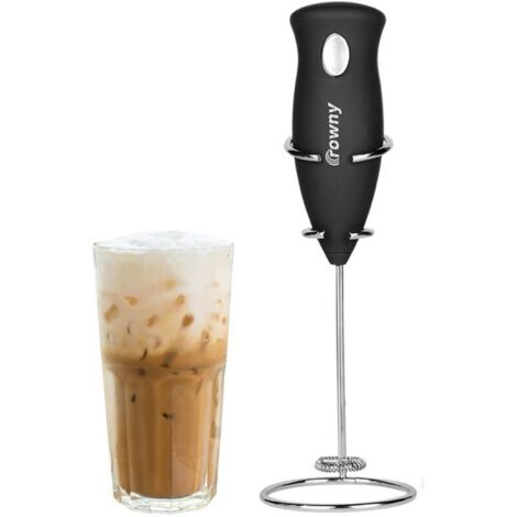 Mousseur lait électrique portable AA, mélangeur café avec fouet et support acier inoxydable noir