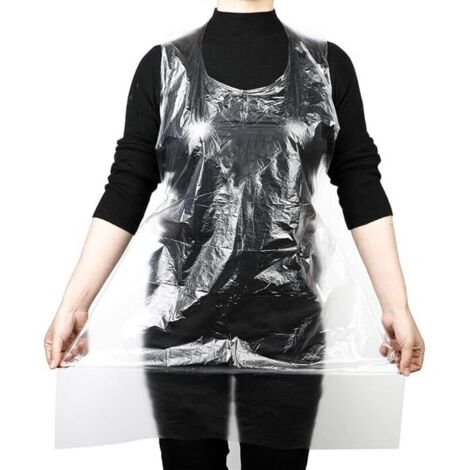 Lot de 100 tabliers jetables en plastique transparent - 90 x 60 cm - Pour adulte - Imperméable et résistant à l'huile - En polyéthylène - Pour cuisine, nettoyage, peinture, transparent (1/4)