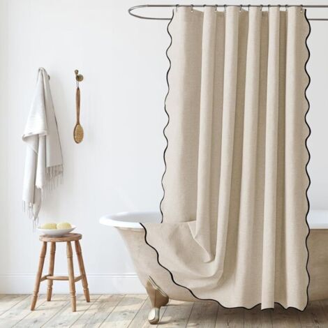 Rideau de Douche en Lin Texturé 180x180cm, Imperméable et Lavable, Anti-moisissure, pour Salle de Bain avec Anneaux, Beige