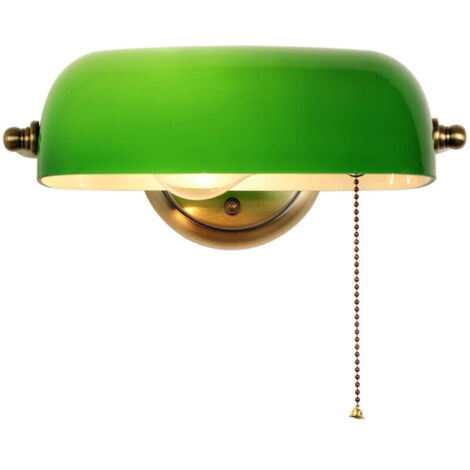 Applique Murale Banquier Vert En Verre Avec Interrupteur À Chaîne À Tirer, Lampe De Chevet Enfant, Lampe Murale E27, Base En Métal Bronze, Pour Chambre Cuisine Applique Luminaire Orientable (1/5)