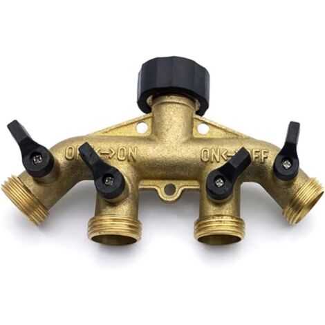Séparateur de tuyau en laiton à 4 voies, collecteur de robinet de tuyau en laiton de 3/4 pouces, séparateur de robinet de connecteur de tuyau de jardin, laiton solide-jaune
