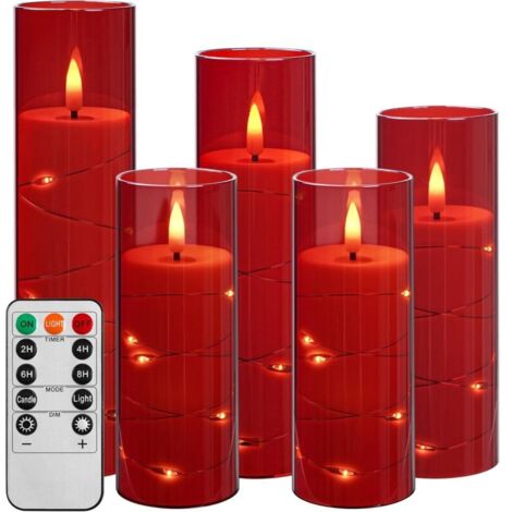 Bougie LED avec guirlandes lumineuses, bougie à piles avec télécommande et minuterie de 24 heures, bougie sans flamme pour la décoration intérieure (Rouge, lot de 5) (1/5)