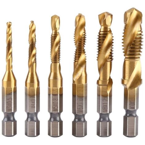 Jeu de 6 tarauds, Tige hexagonale à vis 1/4 "M3-M10 Perceuse et taraudeuse HSS revêtue de Titane, forets à tarauder à Filetage métrique (1/5)
