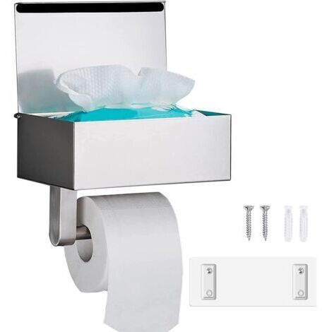 Porte Papier Toilette Mural, Porte Papier Toilette sans Perçage avec Étagères et Boîte à Lingettes Humides, Argent Porte Rouleau Papier Toilette Auto-adhésif (1/5)