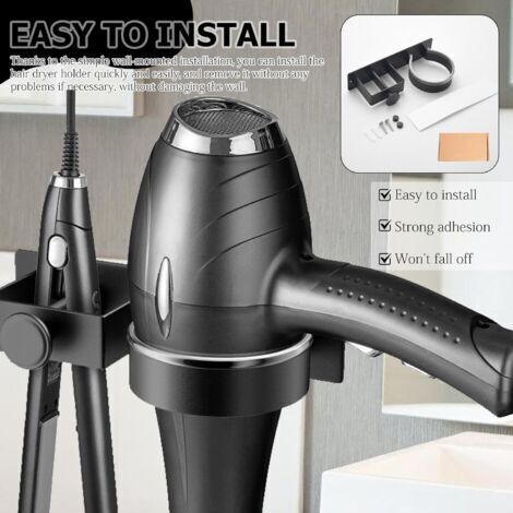Support Sèche-Cheveux Et Lisseur Mural Sans Percage - Acier Inoxydable Noir