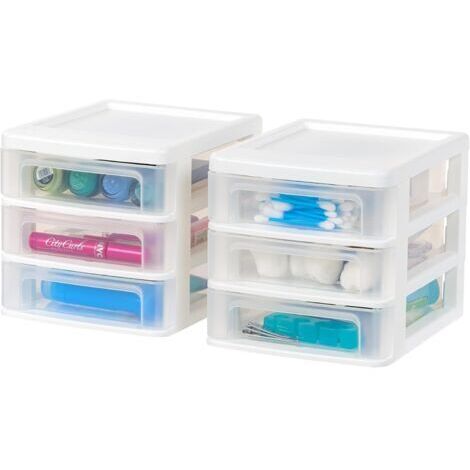 Tour de Rangement Plastique, 3 Petits Tiroirs, Lot de 2, Blanc, Ouverture Facile, Format B6, Meuble, Organisateur, pour Bureau, Fournitures Scolaires, Papeterie, Sans BPA