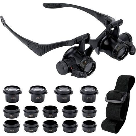 Loupe avec 2 lumières LED, 8 lentilles amovibles, loupe montée sur la tête, loupe mains libres pour réparation, lecture, bijoux, montres (2,5X 4X 6X 8X 10X 15X 20X 25X) (1/2)