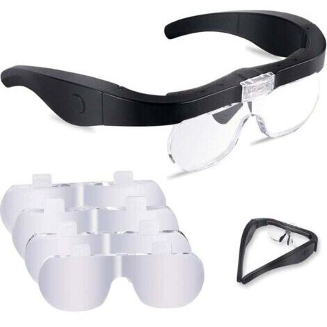 Lunette Loupe avec 2 LED, Frontale Grossissantes Casque Loupe Mains Libres avec 4 Lentilles Amovibles pour Lecture, Bijoutier, Couture, et Bricolage (1/2)