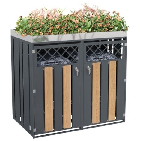 Boîtier pour poubelle avec trous de ventilation en forme de losange, compartiments de rangement pour les déchets, verrouillable, deux portes, espace de plantation (1/5)