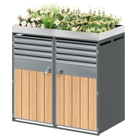 Local à poubelles, ouverture de ventilation avec persiennes, compartiments de rangement pour les déchets, verrouillable, deux portes, espace de plantation (1/5)