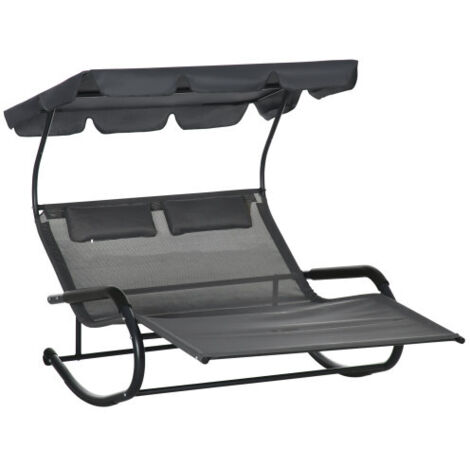 Double chaise longue / Banc à bascule avec auvent, fauteuil à bascule sur roulettes, chaise longue de jardin avec coussins, capacité de 220 kg, pour 2 personnes, gris foncé, 200 x 139 x 140 cm (1/5)