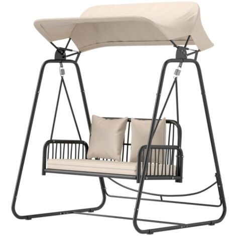 Balançoire Hollywood en rotin, 2 places, avec pare-soleil réglable et coussins, assise suspendue, charge maximale 240 kg, idéale pour jardin ou balcon, 149 x 121 x 180 cm, kaki (1/5)