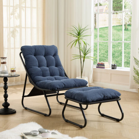 Fauteuil de jardin avec repose-pieds, fauteuil inclinable confortable avec coussin moelleux et repose-pieds, idéal pour le salon, la chambre ou le coin lecture, structure noire et coussin bleu marine (1/5)