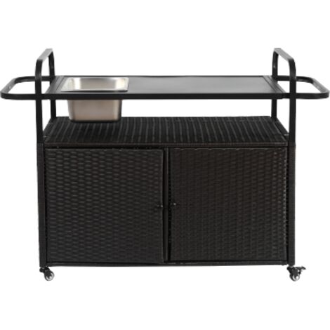 Mesa de bar para exteriores, carrito de bar de mimbre con gabinete, carrito de servicio para patio con superficie de acero, incluye cubitera, ruedas con freno y cesta lateral ideal para jardín, piscin (1/5)