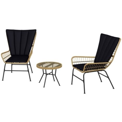 Ensemble de mobilier de jardin en rotin 3 pièces comprenant 2 chaises et une table d'appoint, plateau en verre trempé et coussins. (1/5)