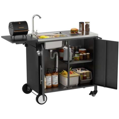 Table de barbecue avec évier, îlot de cuisine avec plan de travail rabattable et meuble de rangement en métal, chariot de barbecue à roulettes pour jardin, cour et pelouse