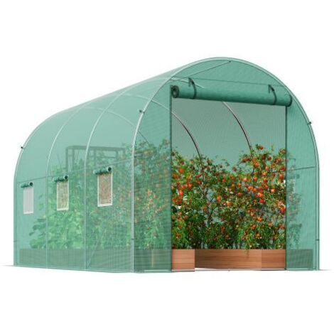 Serre tunnel 3 m x 2,1 m x 2,1 m - Robuste et portable, 1 porte moustiquaire zippée, 6 fenêtres enroulables, acier galvanisé épais, verte (1/5)