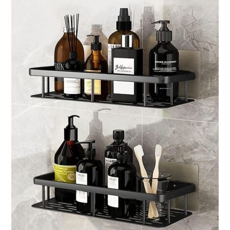 Etagère Douche sans Perçage en Aluminium Aéronautique, Rangement Salle de Bains Antirouille, Étagères salle de bain Auto-adhésif, Etagere de Douche sans Percage avec 4 Crochets - Noir