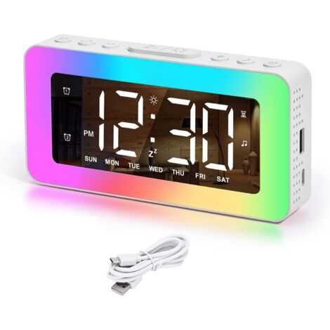 Réveil numérique,Réveil couleur RVB pour chambre à coucher,Double alarme avec jours de la semaine/week-end,Port de charge USB,Snooze,Extra fort,Horloges miroir à intensité variable pour enfants