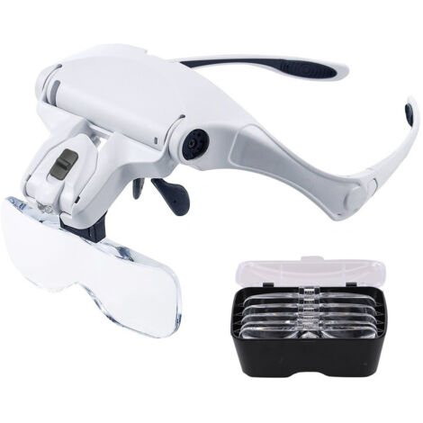 Lunette Loupe avec 2 LED - Loupe Eclairante Frontale pour Lecture,Tous Les Travaux de Précision,Réparations,Couture,Bijoux,Montres et Artisanat - 5 Lentilles Détachables (1.0X à 3.5X)