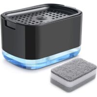 Distributeur de liquide vaisselle 2 en 1, distributeur de savon à pompe avec porte-éponge, distributeur de détergent rechargeable (noir)