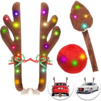 Kit de voiture de renne de Noël avec lumières LED, kit de voiture de renne bois, nez, queue, décorations de Noël pour voiture
