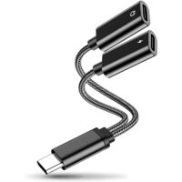 Adaptateur Double USB C 2 en 1, Chargeur et Casque Audio, Compatible avec Samsung, Huawei, Pixel, Câble TPE Robuste et Portable (Double USB C)