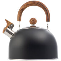 Bouilloire à sifflet pour la cuisinière, en acier inoxydable, avec poignée imitation bois.
